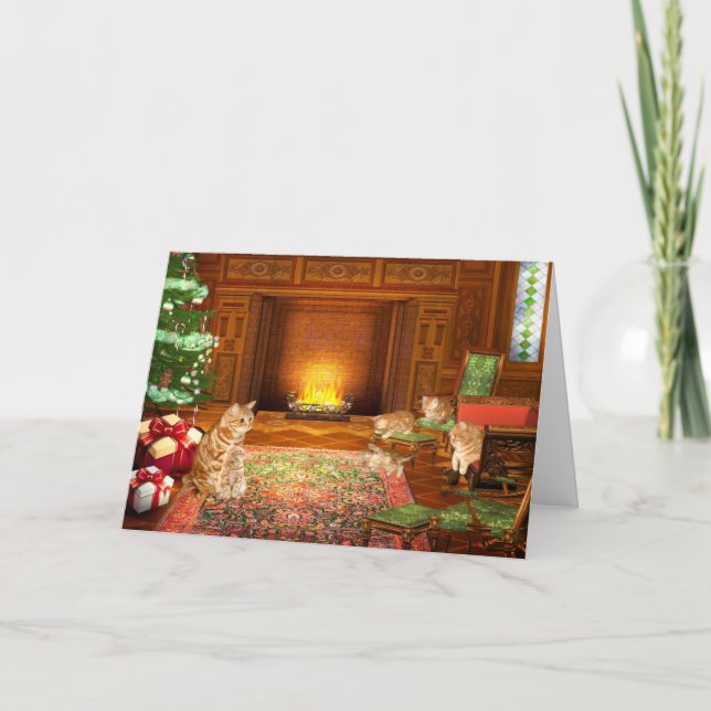 Orange tabby cat Christmas family Holiday Card (Front)