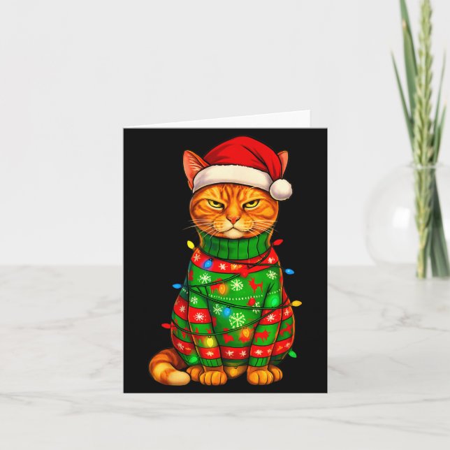 Orange Tabby Cat Christmas Lights Funny Santa Holi Card (Front)