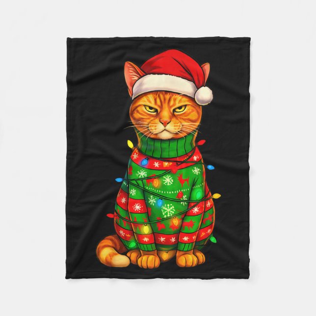 Orange Tabby Cat Christmas Lights Funny Santa Holi Fleece Blanket (Front)