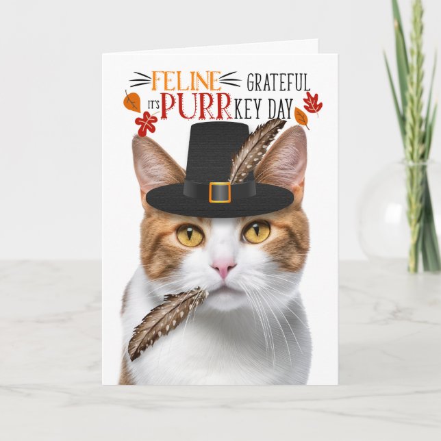 Orange Tabby Cat Feline Grateful for PURRkey Day Holiday Card (Front)