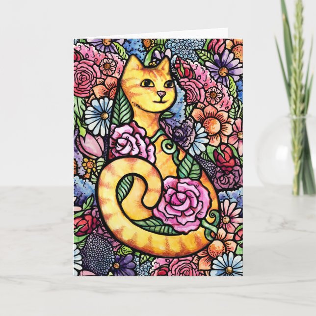 Orange Tabby Cat Flower Garden Card (Front)