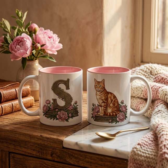 Orange Tabby Cat Monogram Mug (Orange Tabby Cat Monogram Mug - Personalized Initial Mug -Ginger Cat Lover Gift )