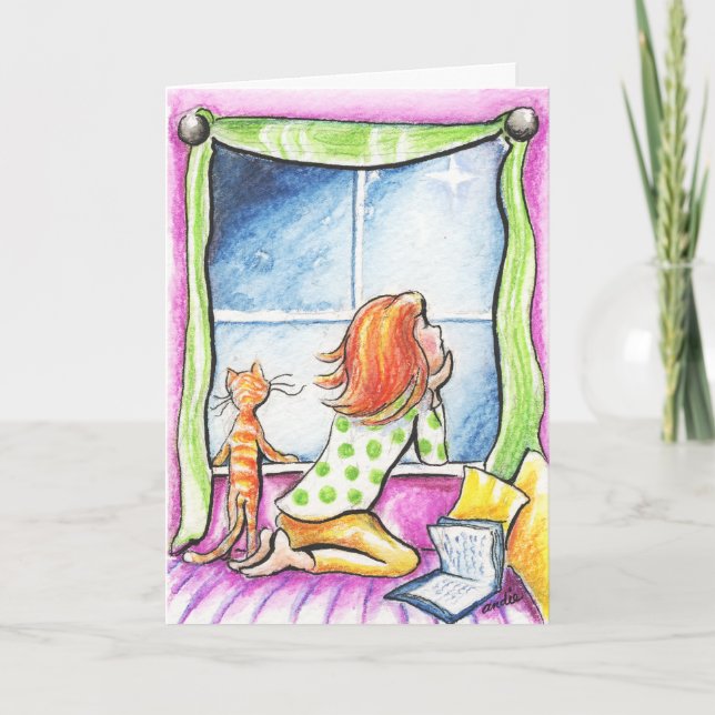 Orange Tabby Cat n Girl Window Christmas Holiday Card (Front)