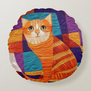 Orange Tabby Cat Patchwork Quilt Pattern Round Pillow