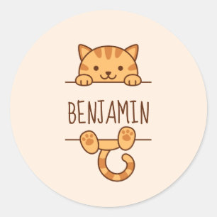 Orange Tabby Cat Peeking behind Custom Name Classic Round Sticker