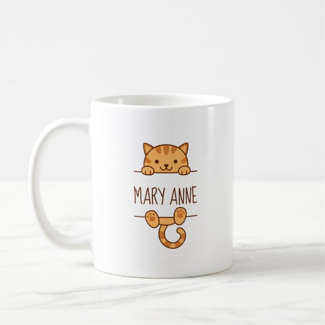 Orange Tabby Cat Peeking behind Custom Name Coffee Mug (Left)