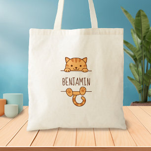 Orange Tabby Cat Peeking behind Custom Name Tote Bag