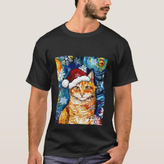 Orange Tabby Cat Santa Starry Night Christmas Art  T-Shirt
