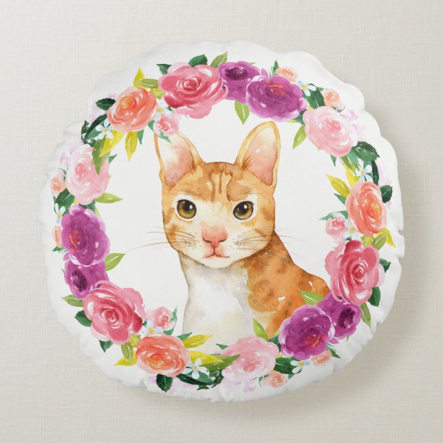 Orange Tabby Cat with Floral Wreath Pillow (Front)