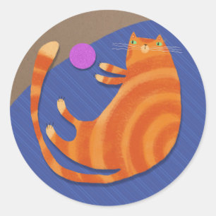 Orange tabby cat with toy classic round sticker