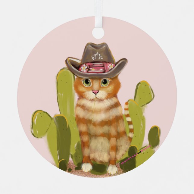 Orange Tabby Cowboy Cat Metal Ornament (Front)