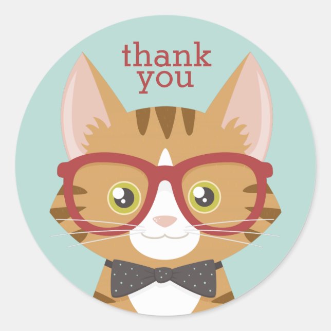 Orange Tabby Hipster Cat Thank You Stickers (Front)