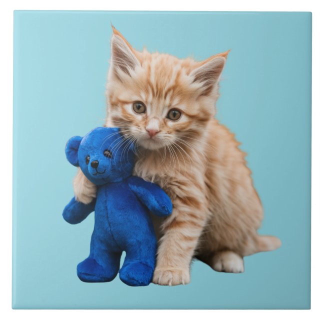 Orange Tabby Kitten and Teddy Decorative Tile (Front)