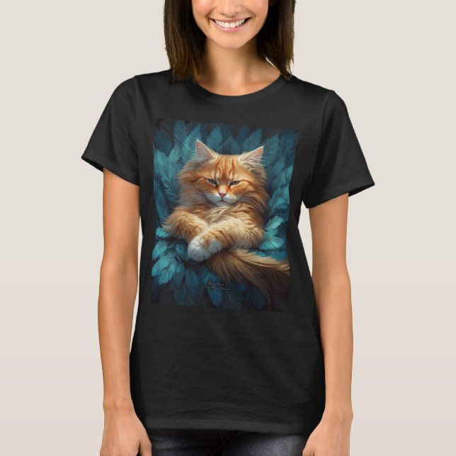 Orange Tabby Kitten in Bed of Blue Feathers T-Shirt (Front)