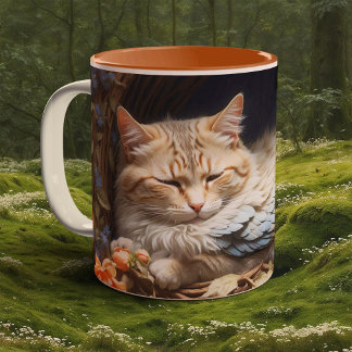 Orange Tabby Kitten in Bed of Blue Feathers Two-Tone Coffee Mug