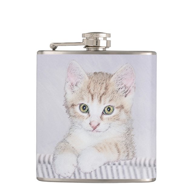 Orange Tabby Kitten Painting - Original Cat Art Hip Flask (Front)