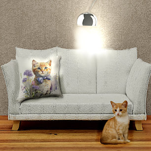 Orange Tabby Kitten with Bow Tie Watercolor Throw Pillow