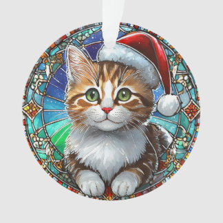 Orange Tabby Kitten with Santa Hat Stained Glass Ornament