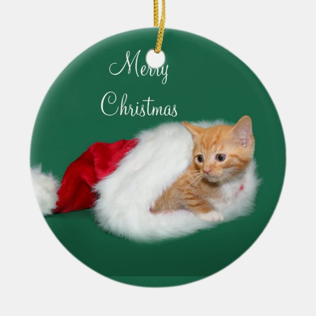 Orange tabby Santa hat Ceramic Ornament (Front)