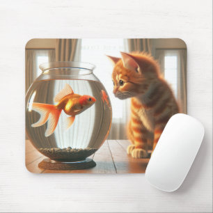 Orange Tabby Staring At a Goldfish Mouse Pad