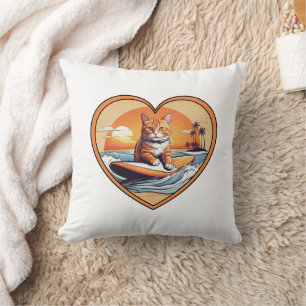 Orange Tabby Surfing Cat Throw Pillow