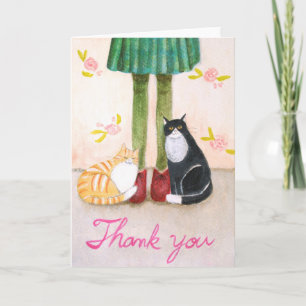 Orange Tabby & Tuxedo Cat snuggling to a Girl Thank You Card