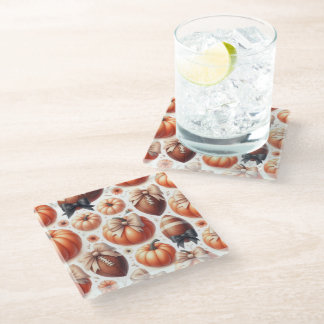 ORANGE & TAN FALL PUMPKINS & FOOTBALLS GLASS COASTER