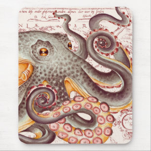 Orange Tangerine Octopus Tentacles Vintage Map Mouse Pad