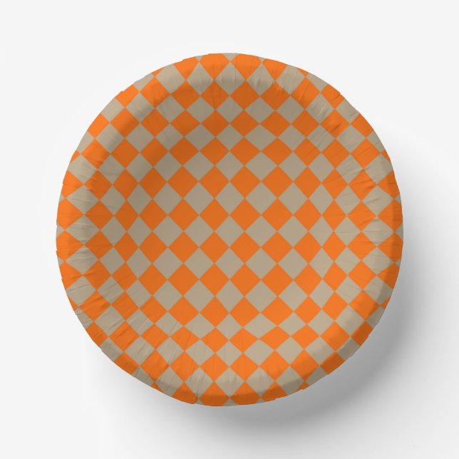 Orange Taupe Checker Diamond Pattern Paper Plate (Front)