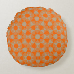 Orange Taupe Checker Diamond Plaid Pattern Round Pillow