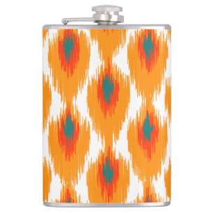 Orange Teal Abstract Tribal Ikat Diamond Pattern Hip Flask