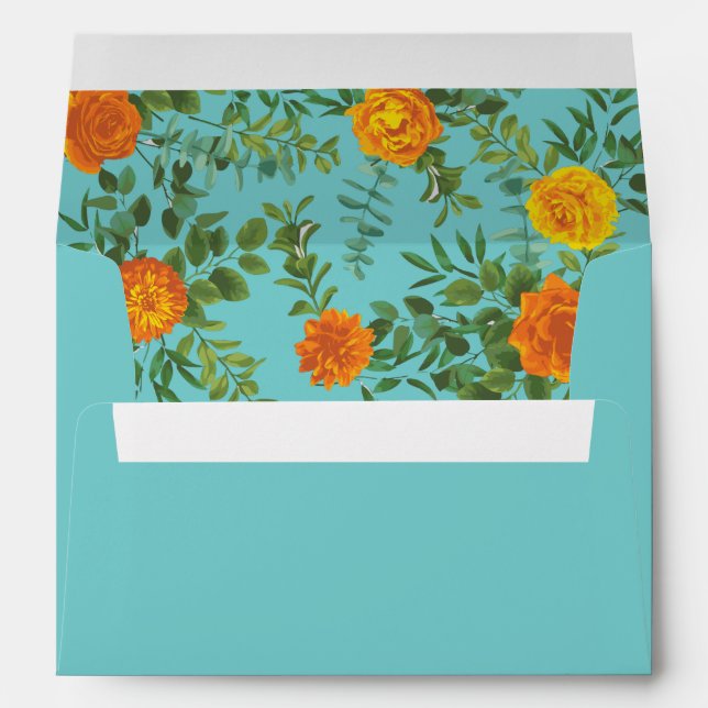 Orange & Teal Aqua Peony & Rose Floral Wedding Envelope (Back (Bottom))