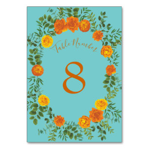 Orange & Teal Aqua Peony & Rose Floral Wedding Table Number