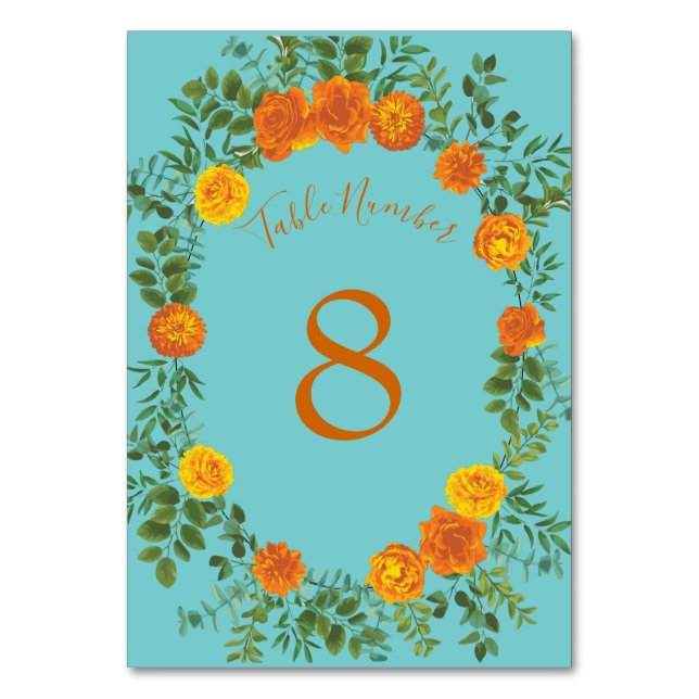 Orange & Teal Aqua Peony & Rose Floral Wedding Table Number (Back)