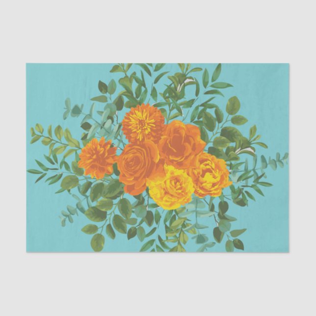 Orange & Teal Aqua Peony & Rose Floral Wedding Tissue Paper (Front)