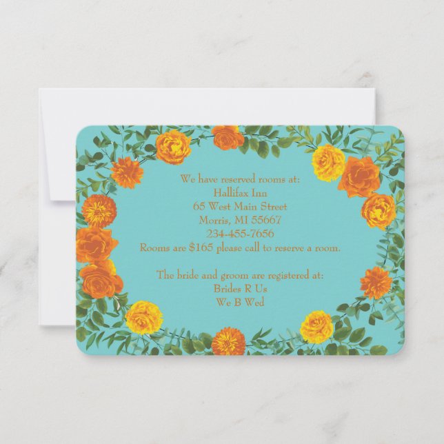 Orange & Teal Aqua Peony Rose Information Invitation (Front)
