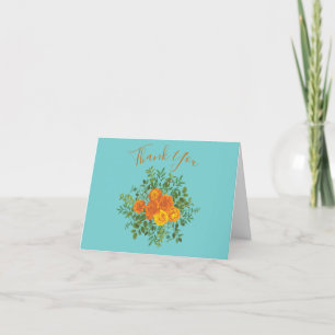 Orange & Teal Aqua Peony & Rose Thank You Card