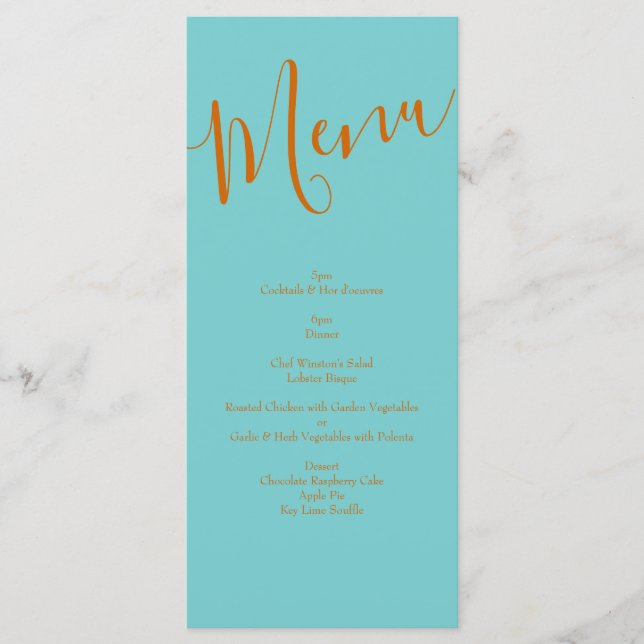 Orange & Teal Aqua Peony & Rose Wedding Menu (Front)