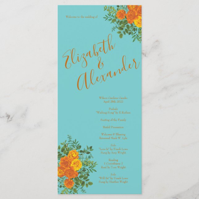 Orange Teal Aqua Peony Rose Wedding Programs (Front)