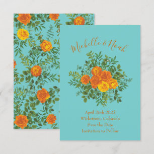 Orange & Teal Aqua Peony Rose Wedding Save Date Invitation