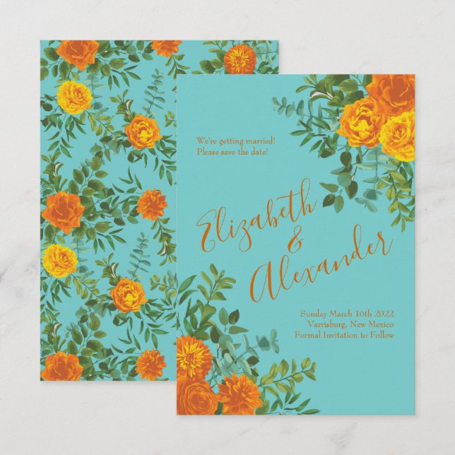 Orange Teal Aqua Peony Rose Wedding Save Date Invitation (Front/Back)