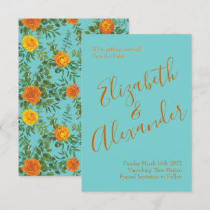 Orange & Teal Aqua Peony Rose Wedding Save Date Invitation