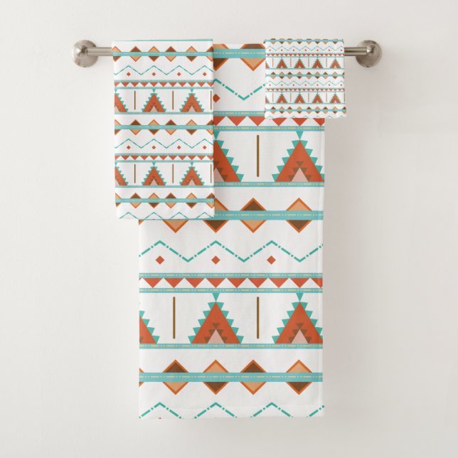 Orange & Teal Aztec Pyramids Geometric Pattern Bath Towel Set (Insitu)