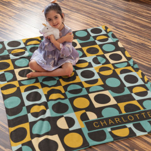 Orange Teal Black Pattern Personalized Fleece Blanket