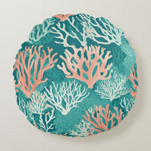 Orange Teal Coral Reef Sealife Beachy Ocean  Round Pillow