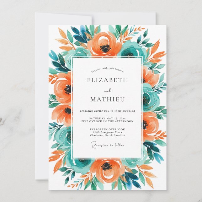Orange Teal Distinctive Tropical Wedding Invitation (Front)
