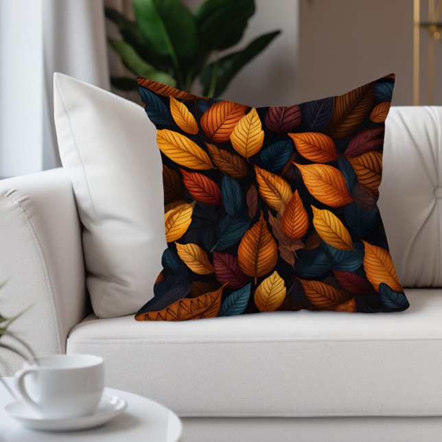 Orange Teal Fall Autumn Leaves Throw Pillow (Warm burnt orange fall/autumn leaves decorator pillow)