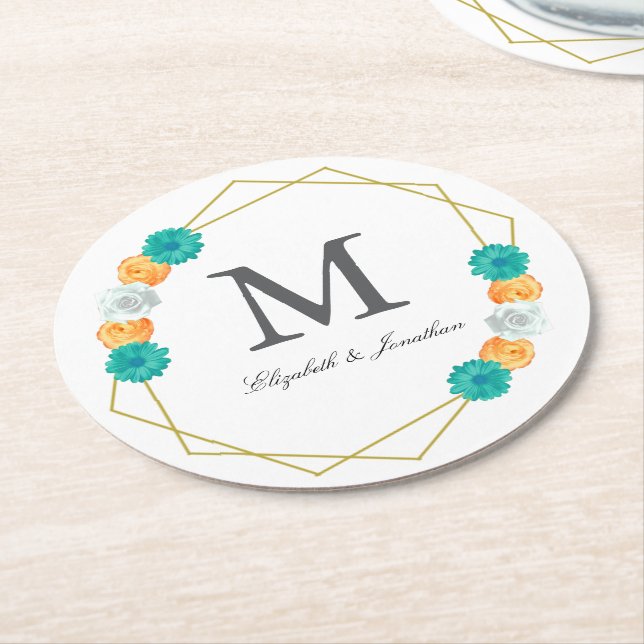 Orange Teal Floral Geometric Wedding Round Paper Coaster (Angled)