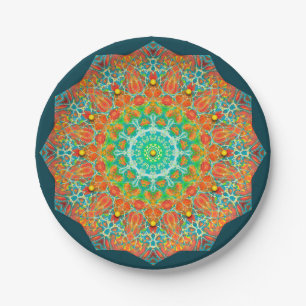 Orange Teal Kaleidoscope Paper Party Plates