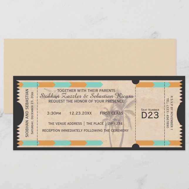 Orange Teal Palm Tree Boarding Pass Wedding Ticket Invitation (Front/Back)